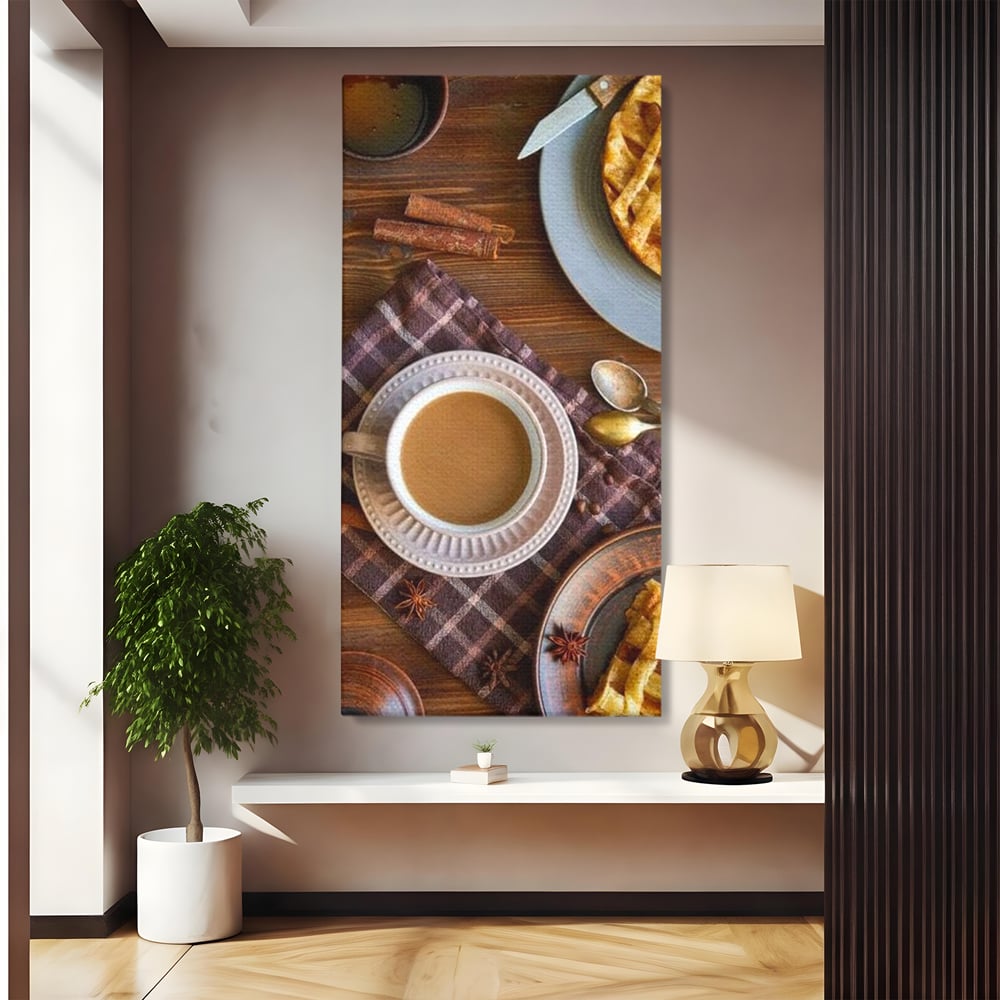 Tablou canvas cu natura moarta cu cafea si placinta, fara rama, pe sasiu de lemn